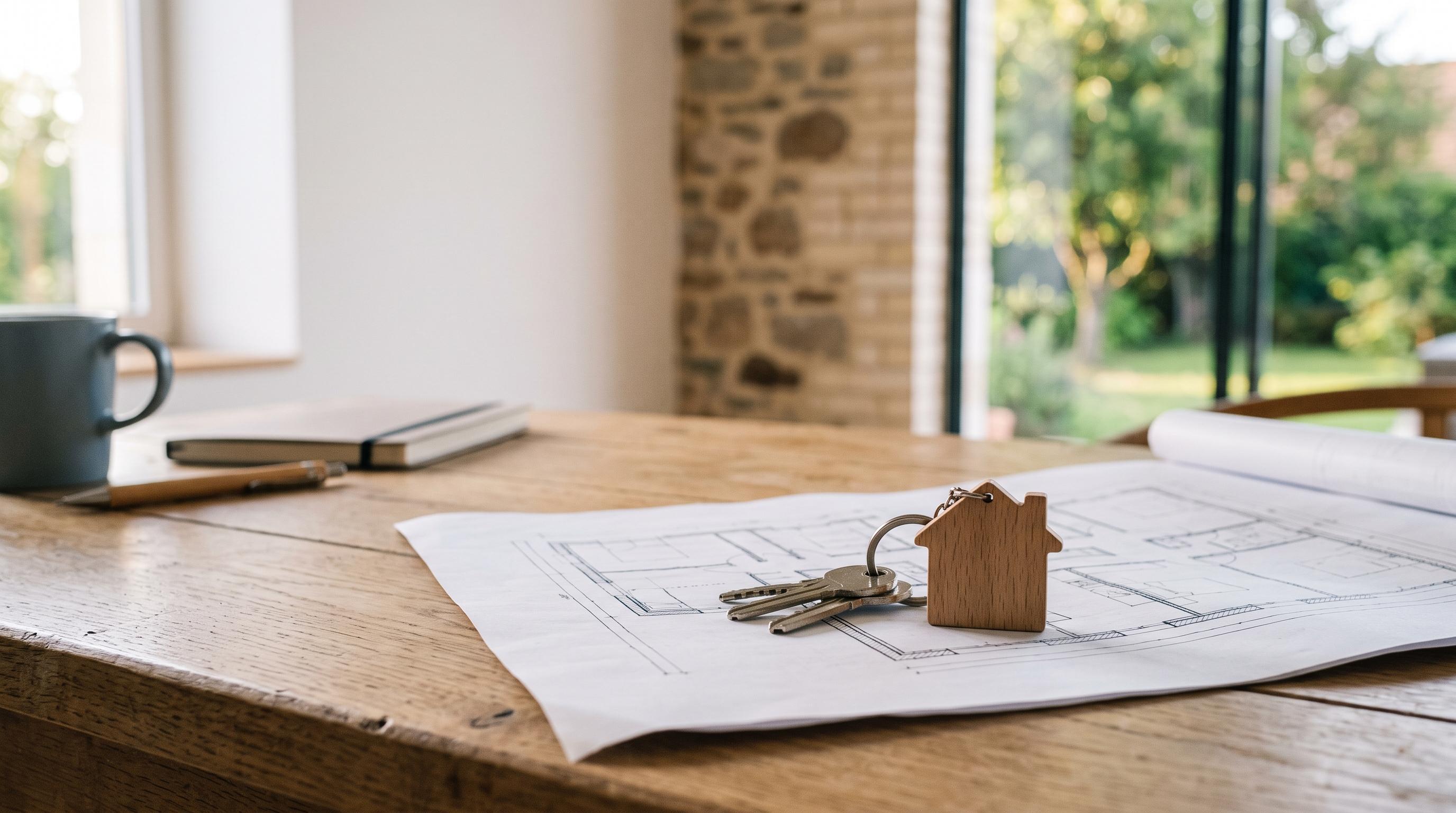 Trousseau de clés de maison posé sur un plan d'architecte