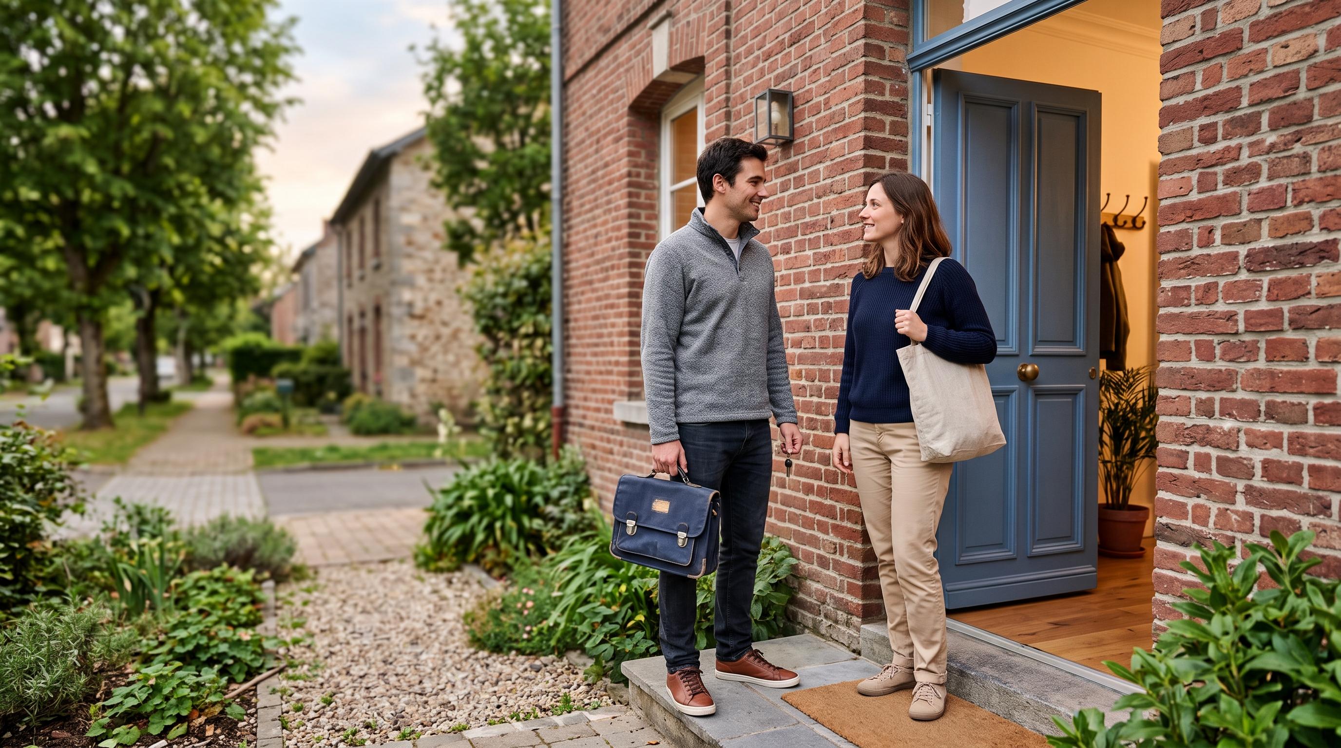 Famille rentrant chez elle, sur le pas de la porte d'une maison en briques