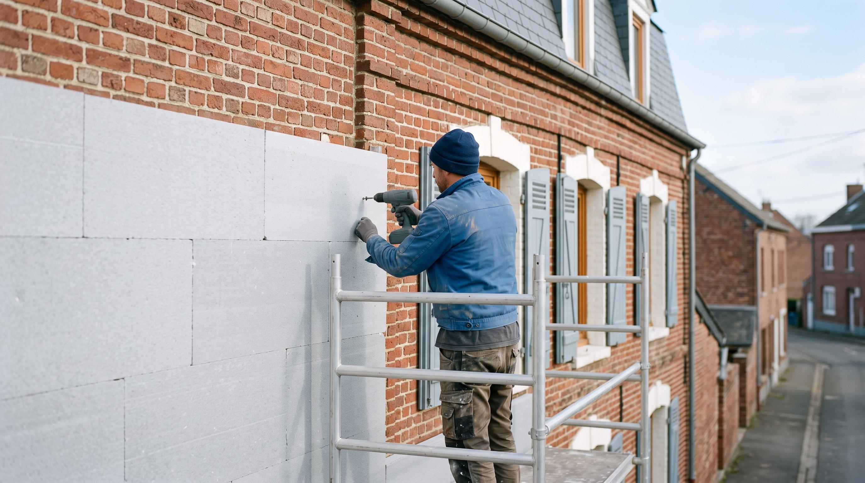 Artisan posant une isolation par l'extérieur sur la façade d'une maison en briques