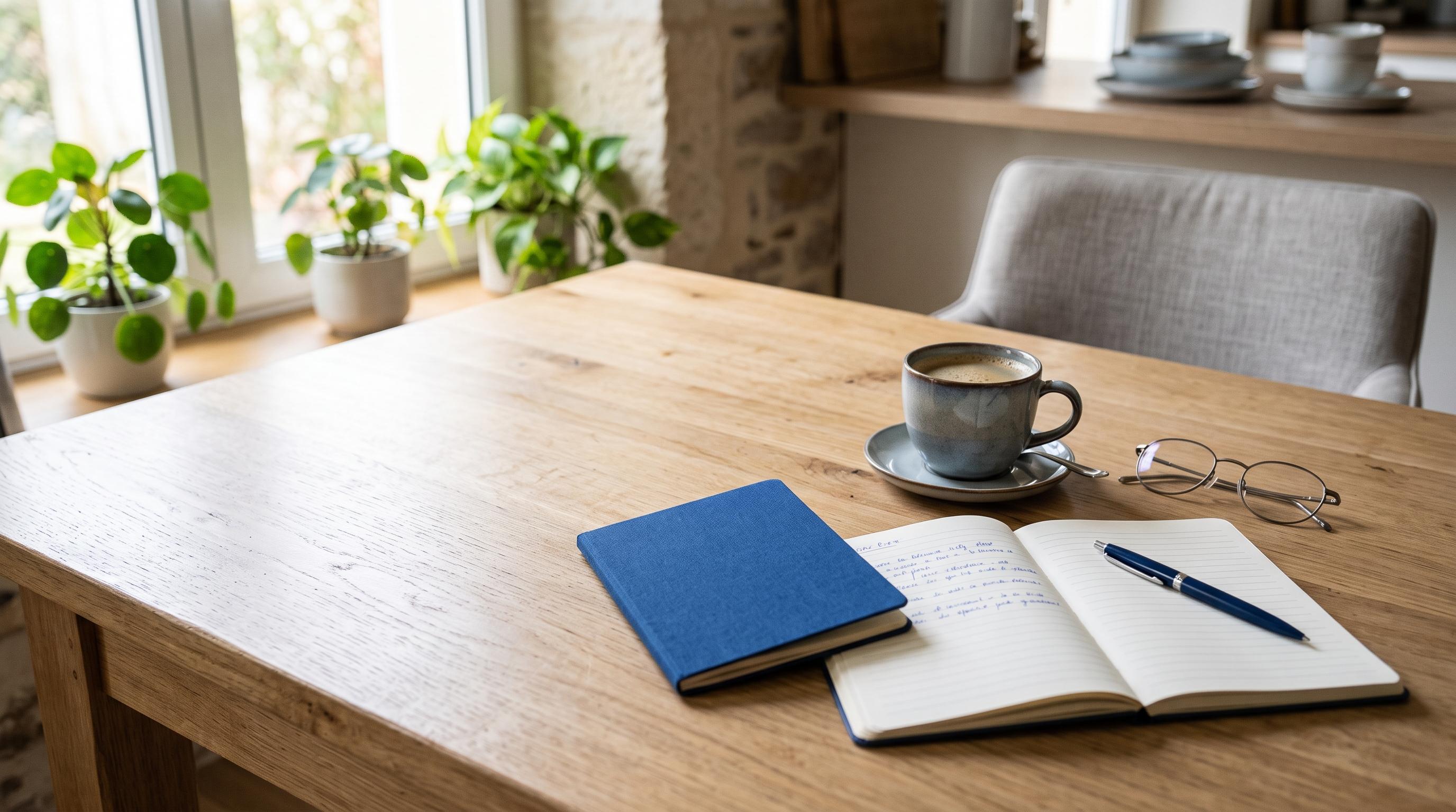Table de cuisine avec un carnet d'épargne, un carnet de notes et une tasse de café