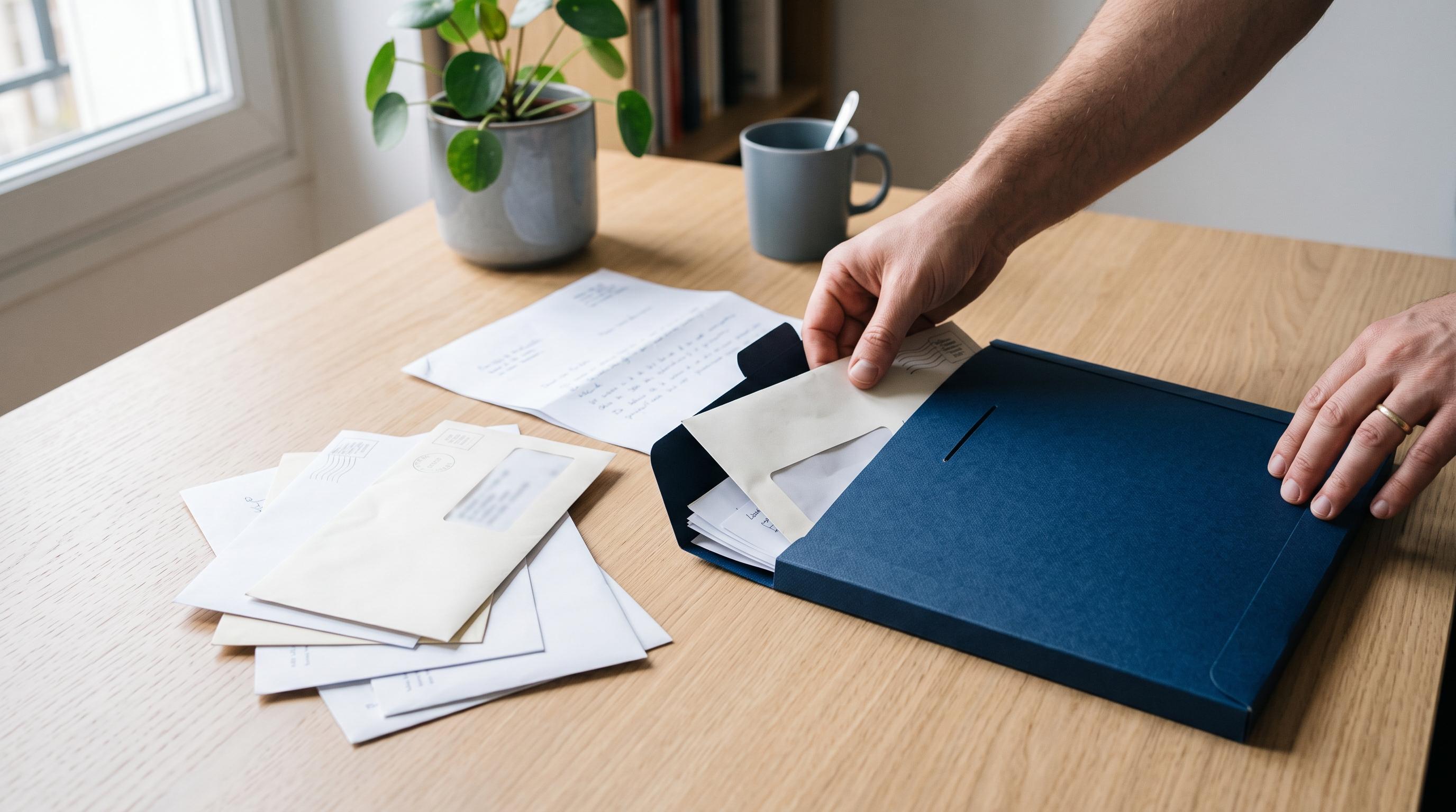 Une main regroupe plusieurs courriers dans une seule chemise bleue